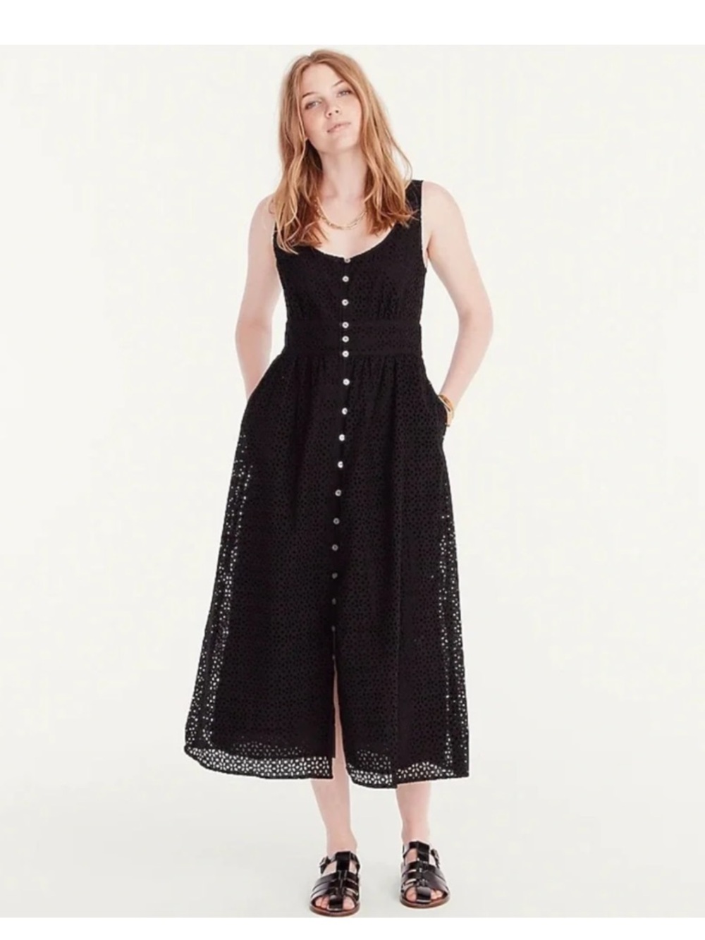 J. Crew Black Eyelet Button-Front Midi Dress 16 TALL 16T
